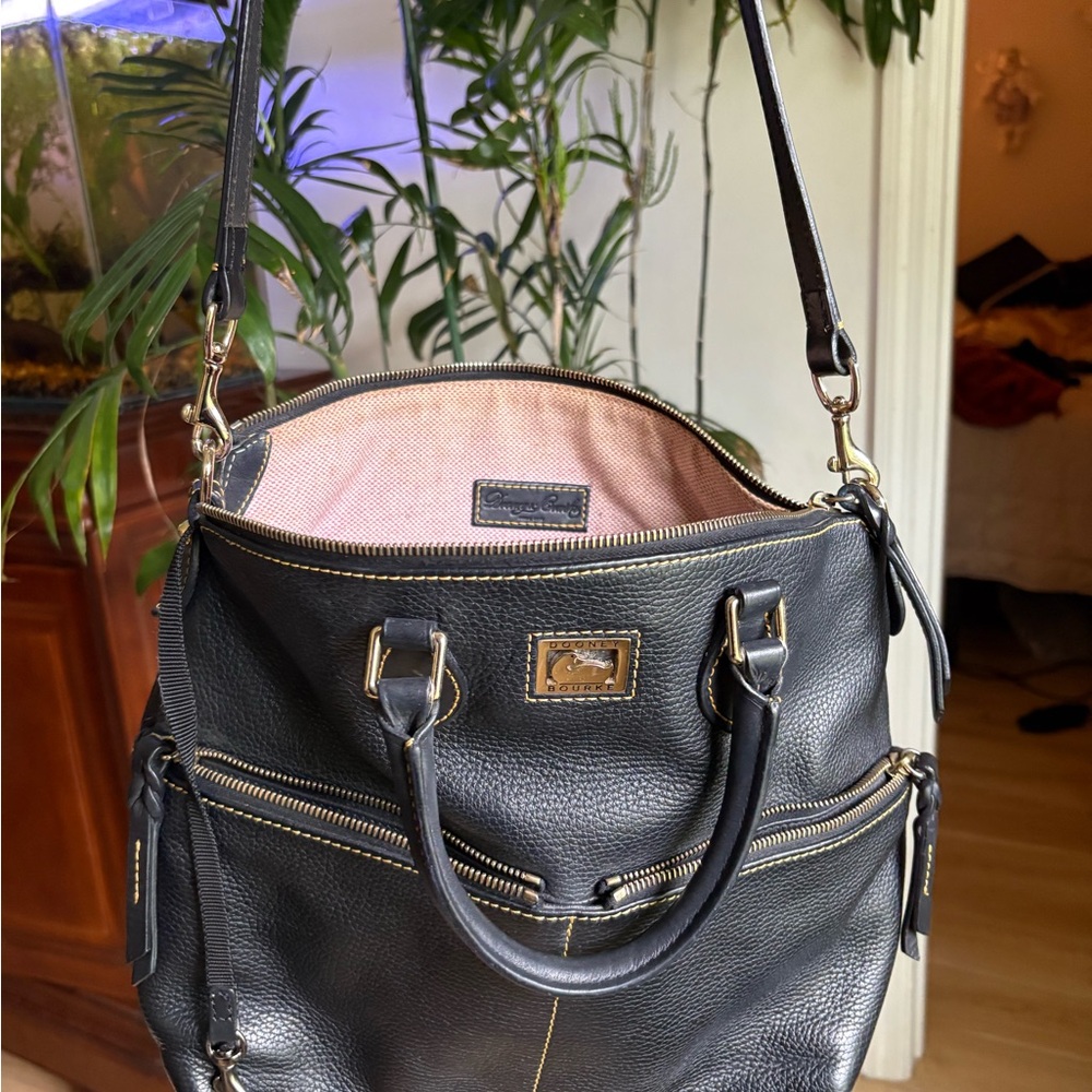 Dooney & Bourke Black Pebbled Leather Shoulder Tote with Pink Interior